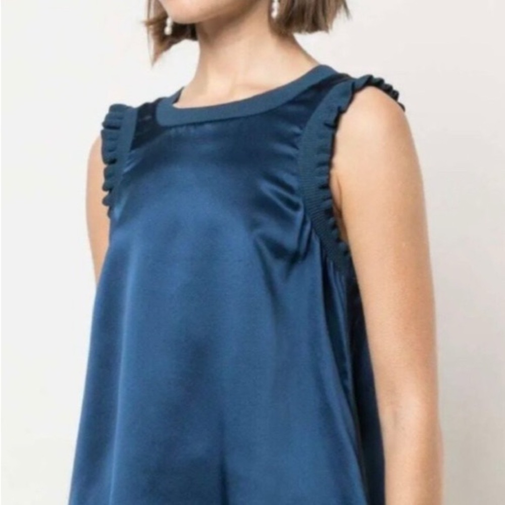 Pants Store Blue Satin Blouse with Knit Ruffle Sleeves, Women’s Size Small